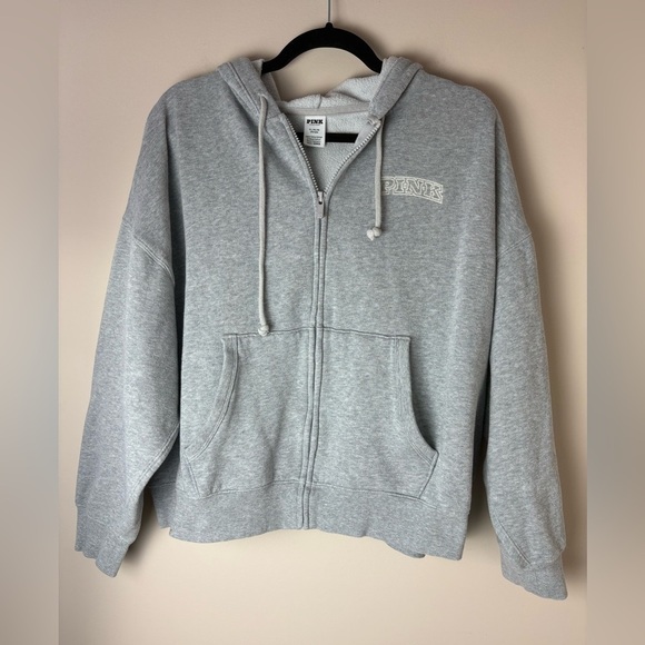 Victoria's Secret Tops - Vintage Y2k Pink Victoria’s Secret Women’s Full Zip Grey Hoodie XL Embroidered